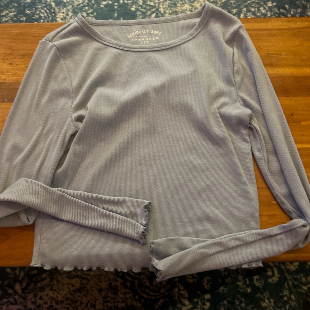 Blue long sleeve with ruffles on sleeves and waist